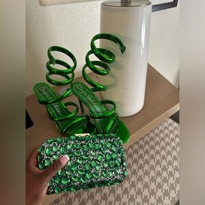 Green Cape Robbin wrapped heeled sandals & embellished purse